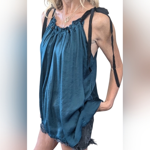 Lanvin Paris Teal Halter Top Ribbon Tie Straps Draped Open Back Size 40 - Picture 2 of 10